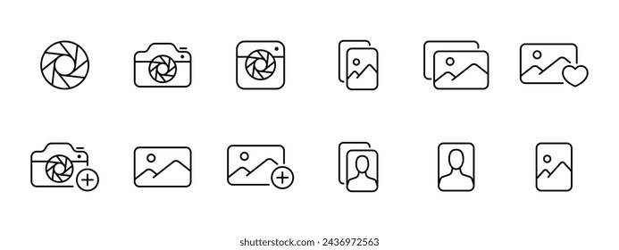 Icono de cámara. Lente, flash, clic, cámara, tomas verticales y horizontales, favoritos, retrato, filtros para disparar y fotos. Concepto de fotografía. Icono de línea vectorial sobre fondo blanco.