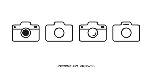 Camera set icon. Lens, objective, photo, object glass, filters, correction, frames, Flash, outbreak, cropping, effects, art, brush, etc. Media concept. Vector line icon for Business and Advertising