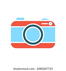 Camera set icon. Red and blue camera, lens, photography, digital, equipment, technology, capturing moments, travel, hobby.