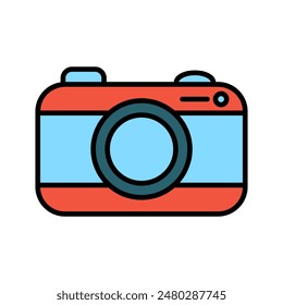 Camera set icon. Red and blue camera, lens, photography, digital, equipment, technology, capturing moments, travel, hobby.