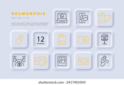 Camera set line icon. Flash, snapshot, lens, film, photo, lens, frame, tripod, landscape. Neomorphism style. Vector line icon for business and advertising