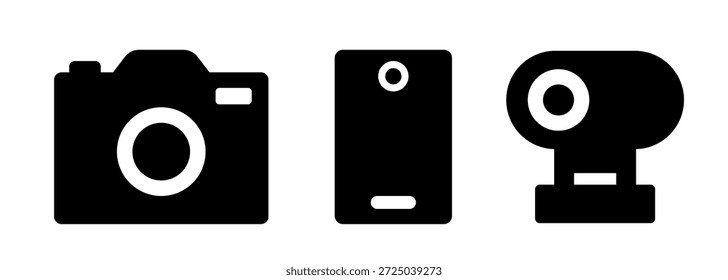 Conjunto de cámara. Cámara fotográfica, cámara web, cámara del smartphone. Iconos planos negros del Vector aislados en el fondo blanco.