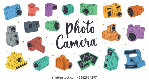 Camera set. Professional photography. Lens with shutters, video and action cam, instant camera, film strips, photo frames, external flash