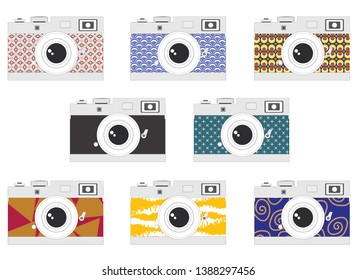 Camera set with various body colours and pattern - Retro, Vintage, pastel, modern. Flat graphic illustration vector compact slr or Dslr camera icon for design work