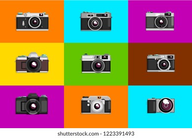 Camera sett, retro photo cameras on colored backgrounds vector Illustrations