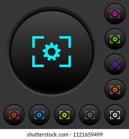 Camera setting dark push buttons with vivid color icons on dark grey background