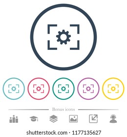 Camera setting flat color icons in round outlines. 6 bonus icons included.