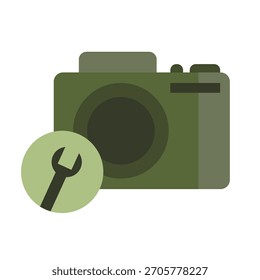 Icono de configuración de la cámara. Servicio de reparación de llaves. Vector de equipos fotográficos. Gráfico verde mínimo.