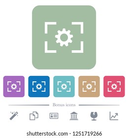 Camera setting white flat icons on color rounded square backgrounds. 6 bonus icons included