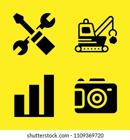 camera, settings, bar chart and demolishing vector icon set. Sample icons set for web and graphic design