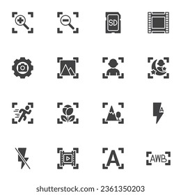 Configuración de cámara guía conjunto de iconos vectoriales, colección de símbolos sólidos modernos, paquete de pictogramas estilo relleno. Señales, ilustración del logotipo. Set incluye iconos como balance de blancos, modo retrato, función macro, flash