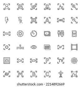 Camera Settings Line Icons Set, Linear Style Symbols Collection, Outline Signs Pack. Photo Camera Interface Vector Graphics. Set Includes Icons As Portrait Mode, Flash Auto, Aperture, Iso, Film Fame