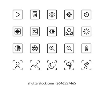 Camera Settings and Photography UI Vector Icon Set – Focus, Exposure, Timer, Contrast, Shutter Speed, Zoom, White Balance, Portrait Mode, Landscape Mode, Media Gallery, Tracker