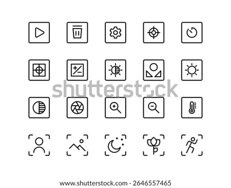 Camera Settings and Photography UI Vector Icon Set – Focus, Exposure, Timer, Contrast, Shutter Speed, Zoom, White Balance, Portrait Mode, Landscape Mode, Media Gallery, Tracker