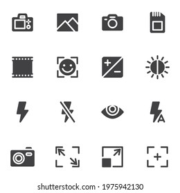 Camera settings vector icons set, modern solid symbol collection, filled style pictogram pack. Signs, logo illustration. Set includes icons as camera flash, brightness, widescreen