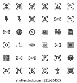 Camera Settings Vector Icons Set, Modern Solid Symbol Collection, Filled Style Pictogram Pack. Signs, Logo Illustration. Set Includes Icons As Portrait Mode, Flash Auto, Aperture, Iso, Film Fame