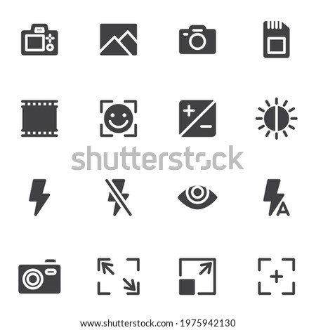 Camera settings vector icons set, modern solid symbol collection, filled style pictogram pack. Signs, logo illustration. Set includes icons as camera flash, brightness, widescreen