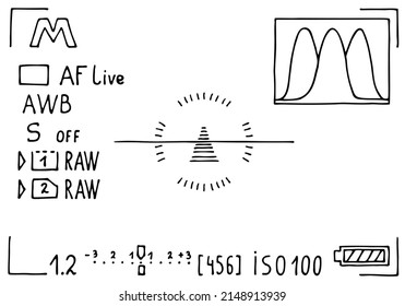 Camera settings in the camera viewfinder in doodle style. Hand Drawn. Freehand drawing. Sketch.