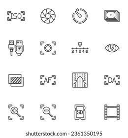 Conjunto de iconos de la línea de guía de configuración de cámara, colección de símbolos de vector de contorno, paquete de pictogramas de estilo lineal. Ilustración del logotipo de los carteles. El conjunto incluye iconos como iso de apertura, configuración de enfoque, modo de flash, velocidad de obturación