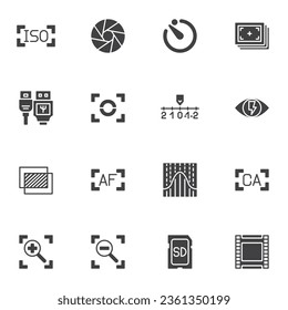 Guía de configuración de cámara conjunto de iconos vectoriales, colección moderna de símbolos sólidos, paquete de pictogramas estilo relleno. Señales, ilustración del logotipo. El ajuste incluye iconos como apertura, configuración de enfoque, modo de flash, velocidad de obturación