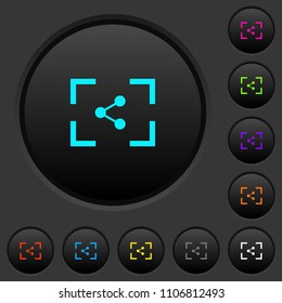 Camera share image dark push buttons with vivid color icons on dark grey background