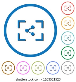 Camera share image flat color vector icons with shadows in round outlines on white background