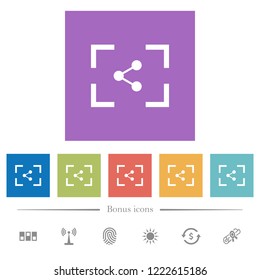 Camera share image flat white icons in square backgrounds. 6 bonus icons included.