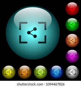 Camera share image icons in color illuminated spherical glass buttons on black background. Can be used to black or dark templates