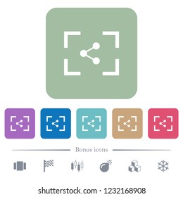 Camera share image white flat icons on color rounded square backgrounds. 6 bonus icons included