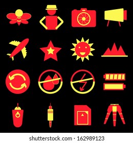 Camera shooting color icons on black background, stock vector