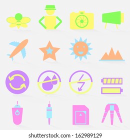 Camera shooting color icons with shadow, stock vector