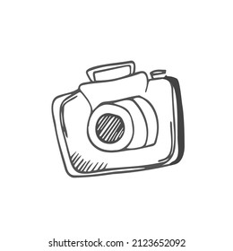 Camera, Shooting equipment. Digital technology. Sketch icon, vector illustration in doodle style. Isolate on a white background.