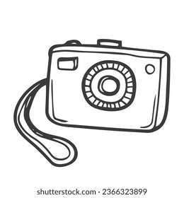 Camera, Shooting equipment. Digital technology. Sketch icon, vector illustration in doodle style. Isolate on a white background.