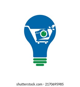 Camera Shop bulb shape concept Logo vector icon. Shopping Cart with Camera Lens Logo Design Template.