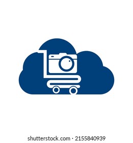 Camera Shop cloud shape concept Logo vector icon. Shopping Cart with Camera Lens Logo Design Template.