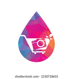 Camera Shop drop shape concept Logo vector icon. Shopping Cart with Camera Lens Logo Design Template.	