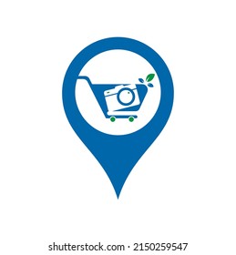 Camera Shop gps shape concept Logo vector icon. Shopping Cart with Camera Lens Logo Design Template.	