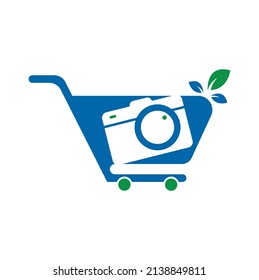 Icono vectorial del logotipo de la tienda de cámaras. Carro de compras con plantilla de diseño de logotipo de objetivo de cámara.