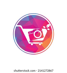Icono vectorial del logotipo de la tienda de cámaras. Carro de compras con plantilla de diseño de logotipo de objetivo de cámara.