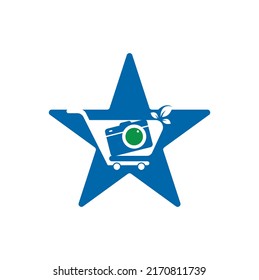Camera Shop star shape concept Logo vector icon. Shopping Cart with Camera Lens Logo Design Template.