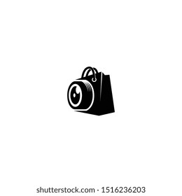 Camera shop unique logo - icon with combine shopping bag and lens of camera