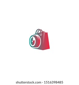 Camera shop unique logo - icon with combine shopping bag and lens of camera