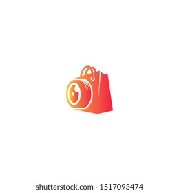 Camera shop unique logo - icon with combine shopping bag and lens of camera