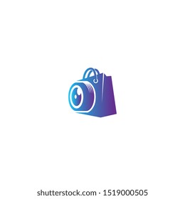 Camera shop unique logo - icon with combine shopping bag and lens of camera
