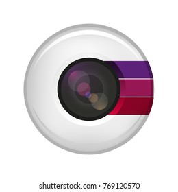 The camera is shown with a lens, with a zoom, with highlights, colored stripes. The background is white.