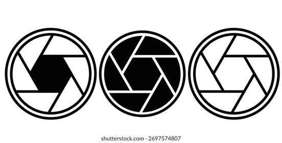 Camera shutter aperture icons set in three styles. Vector symbol for photography, focus, lens, precision, optical design, creativity, and professional visual media concept.