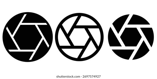 Camera shutter aperture icons set in three styles. Vector symbol for photography, focus, lens, precision, optical design, creativity, and professional visual media concept.