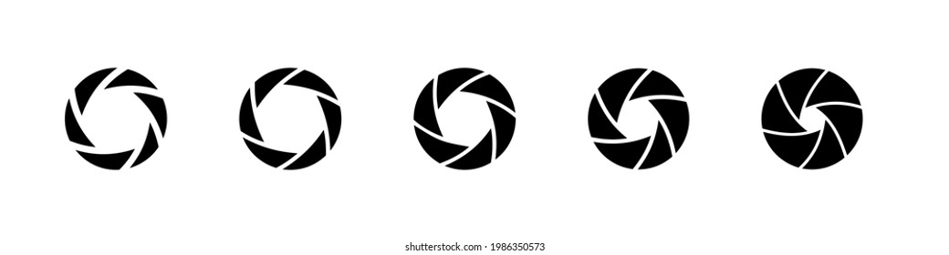 Camera shutter black flat icons set. Camera lens collection. Photo aparature symbol collection. Open and close camera shutter. Vector graphic. EPS 10