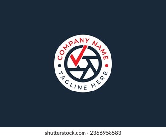 Camera Shutter Check Fotografy Emblem Logo-Button Aufkleber Concept Symbol Symbol Design Element. Tick, Fotograf Logotype. Vektorgrafik-Vorlage