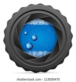 Camera shutter with Christmas background on white background. Vector illustration.